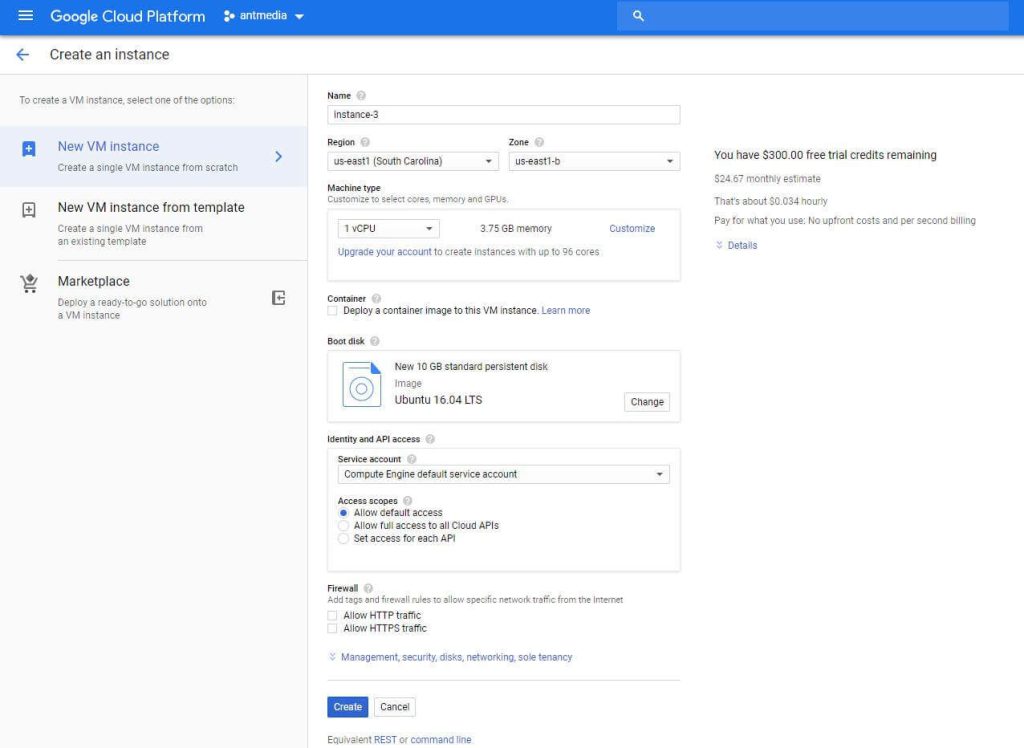 Google Cloud Platform Create New Instance