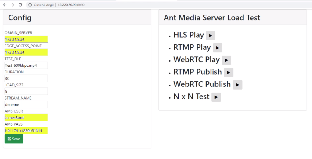 Antmedia Test Server Settings