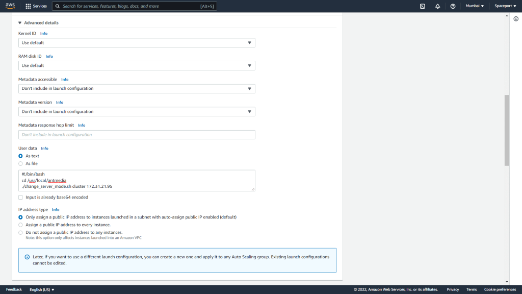 Launch configuration advance settings