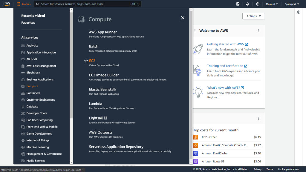 AWS services dashboard