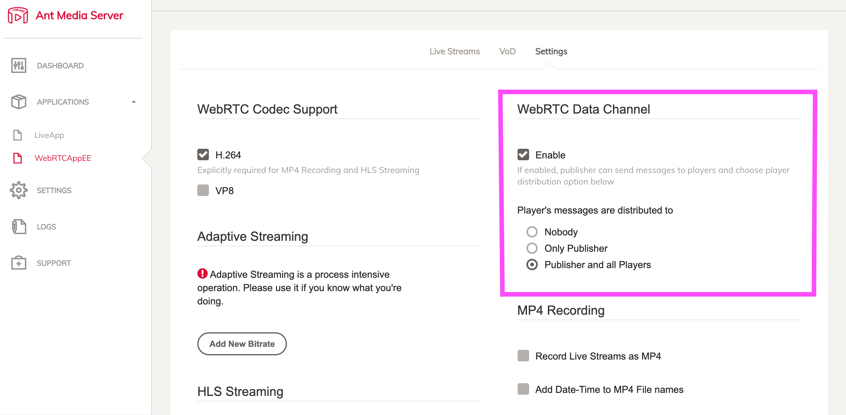 AMS WebRTC Data Channel