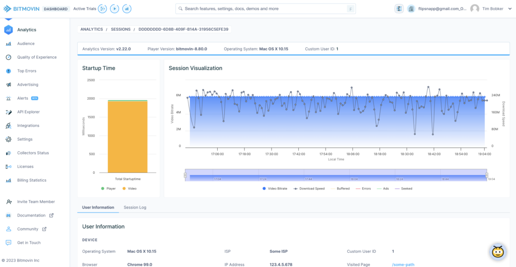 Session analytics on Bitmovin