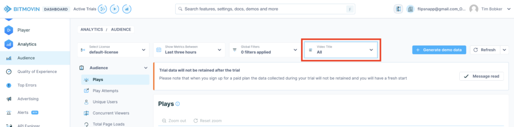Video Title filter on Audience plays report on Bitmovin