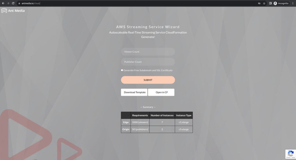 aws streaming service wizard on ant media server