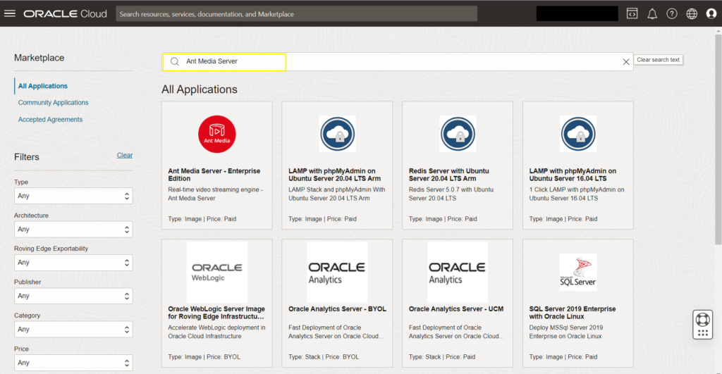 Search for Ant Media Server in Oracle Cloud Marketplace